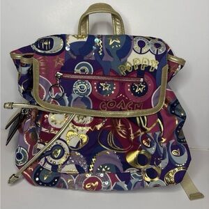Coach Poppy Pop C Graffiti canvas backpack with gold accents EUC